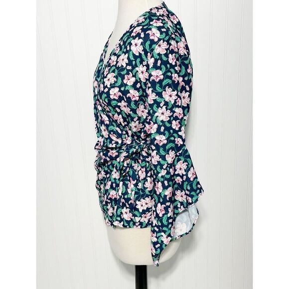 Betabrand Women's Floral Wrap Side Tie Bell‎ Sleeve Blouse Navy Pink Size Large - Picture 6 of 11